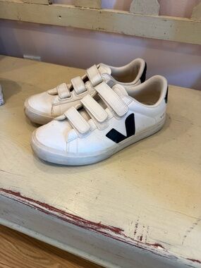 Vega Recife Logo White Sneakers with Black V Logo and Velcro Straps